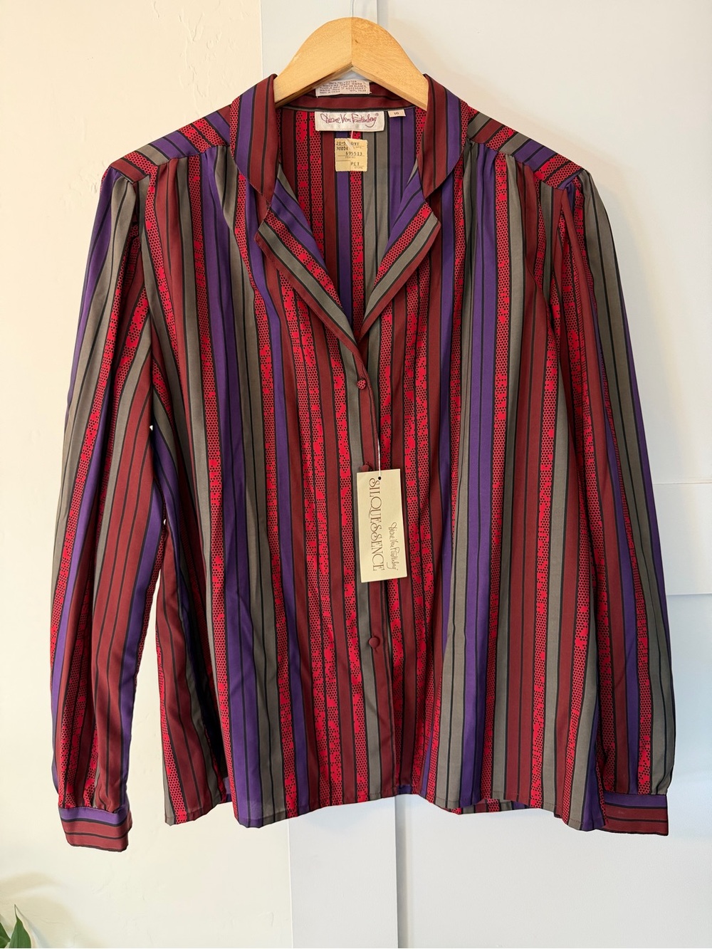 Vintage Diane Von Furstenberg Red, Purple and Black Vertical Striped Blouse NWT